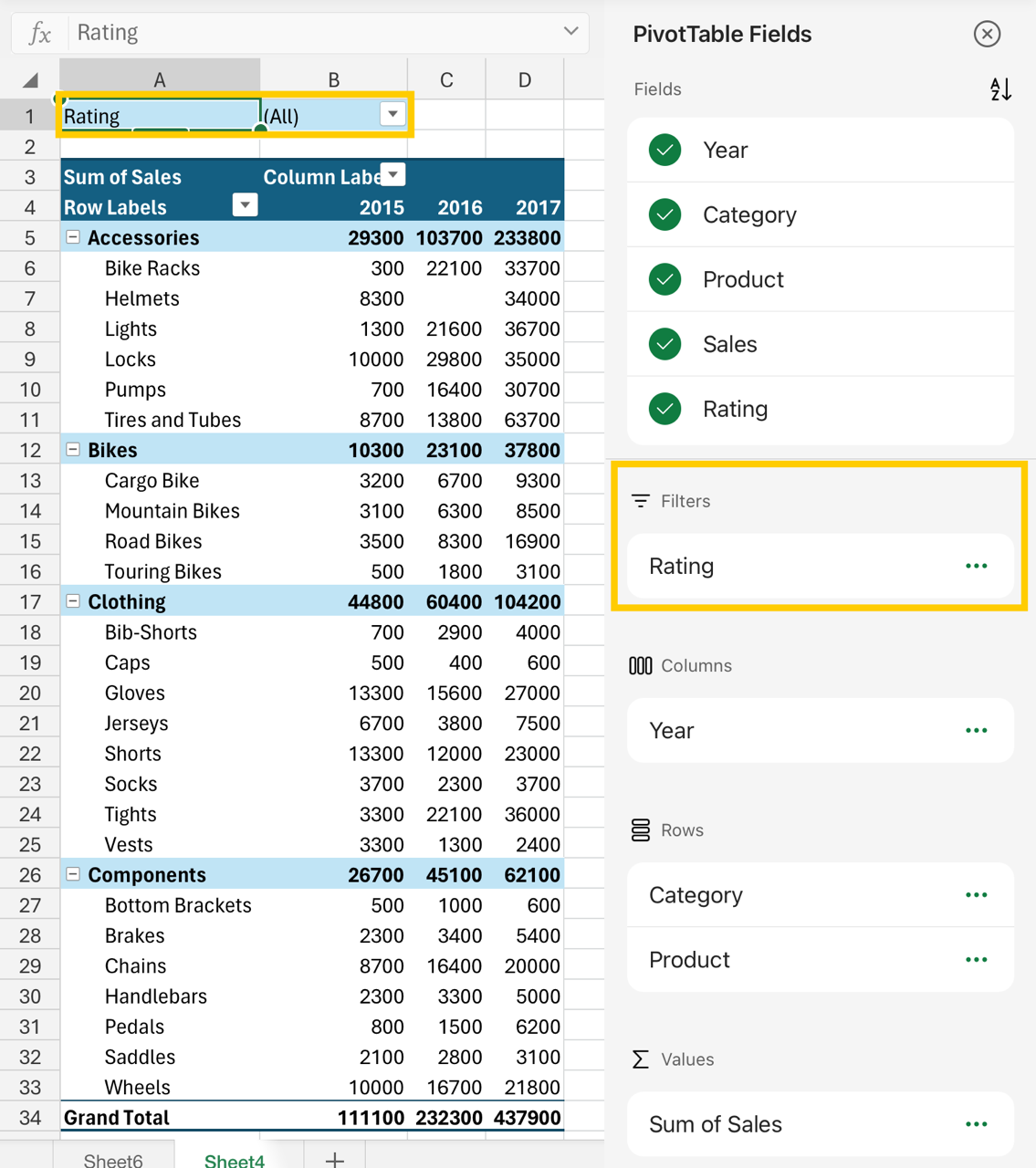 Image of the filter area in the field list and pivottable.