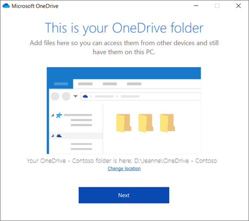 Screenshot of the This is Your OneDrive Folder screen in the Welcome to OneDrive wizard