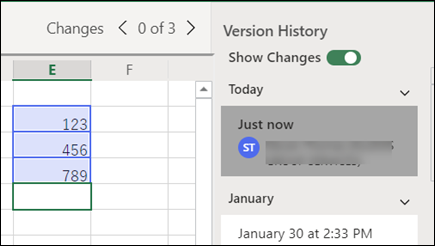 Version History pane in Excel for the web