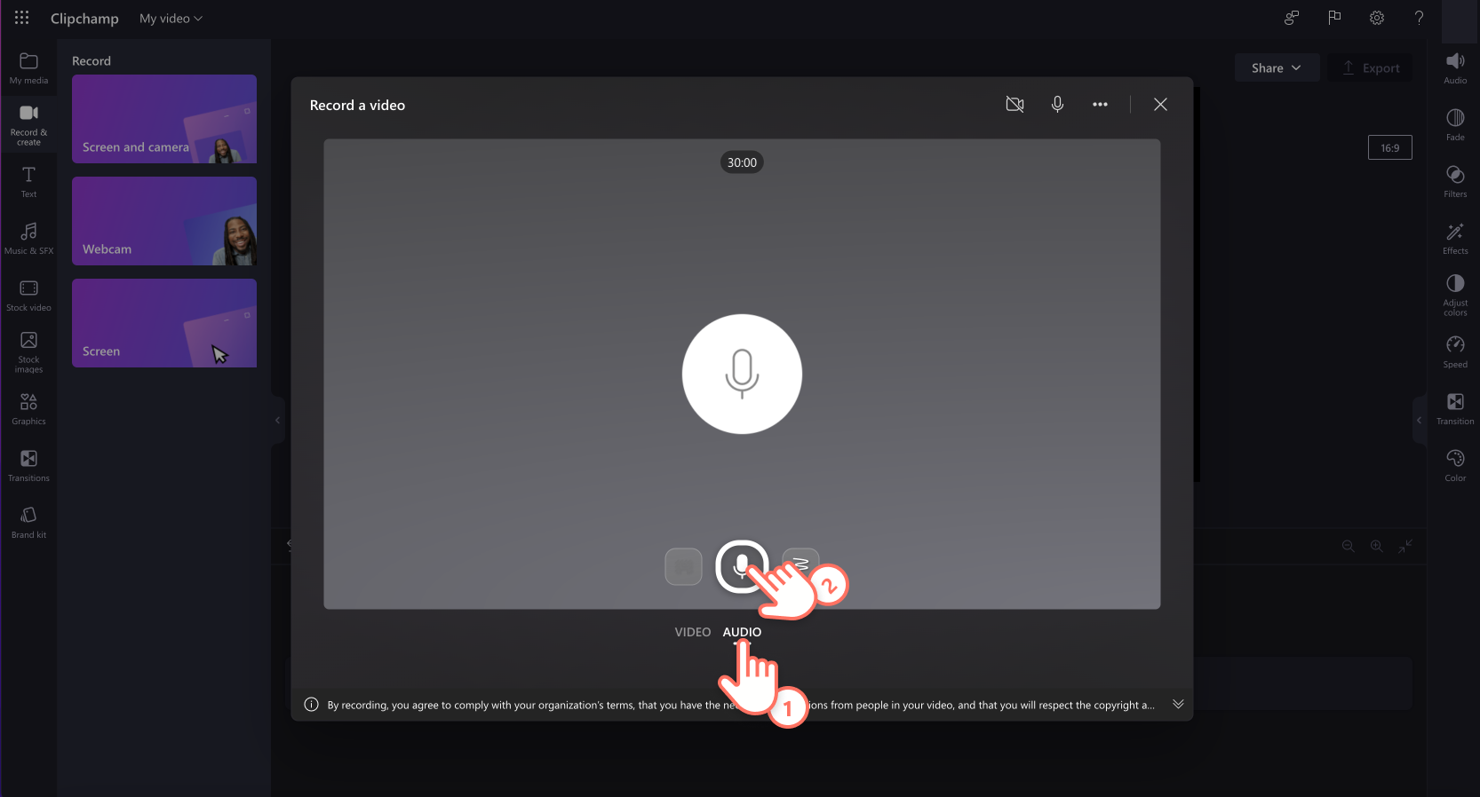 An image of a user clicking on the audio button then record.