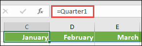 Use a named array constant in a formula, like =Quarter1, where Quarter1 has been defined as ={"January","February","March"}