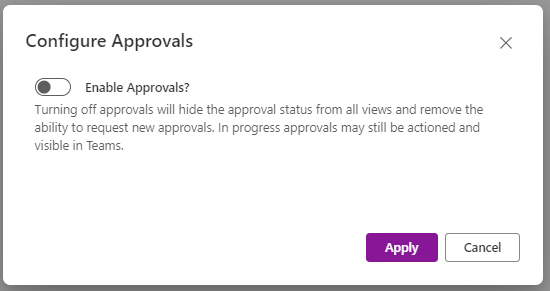 Dialog menu with toggle to disable Approvals feature