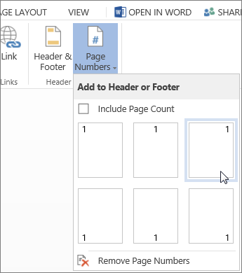 Image of Page Numbers gallery in Word Online