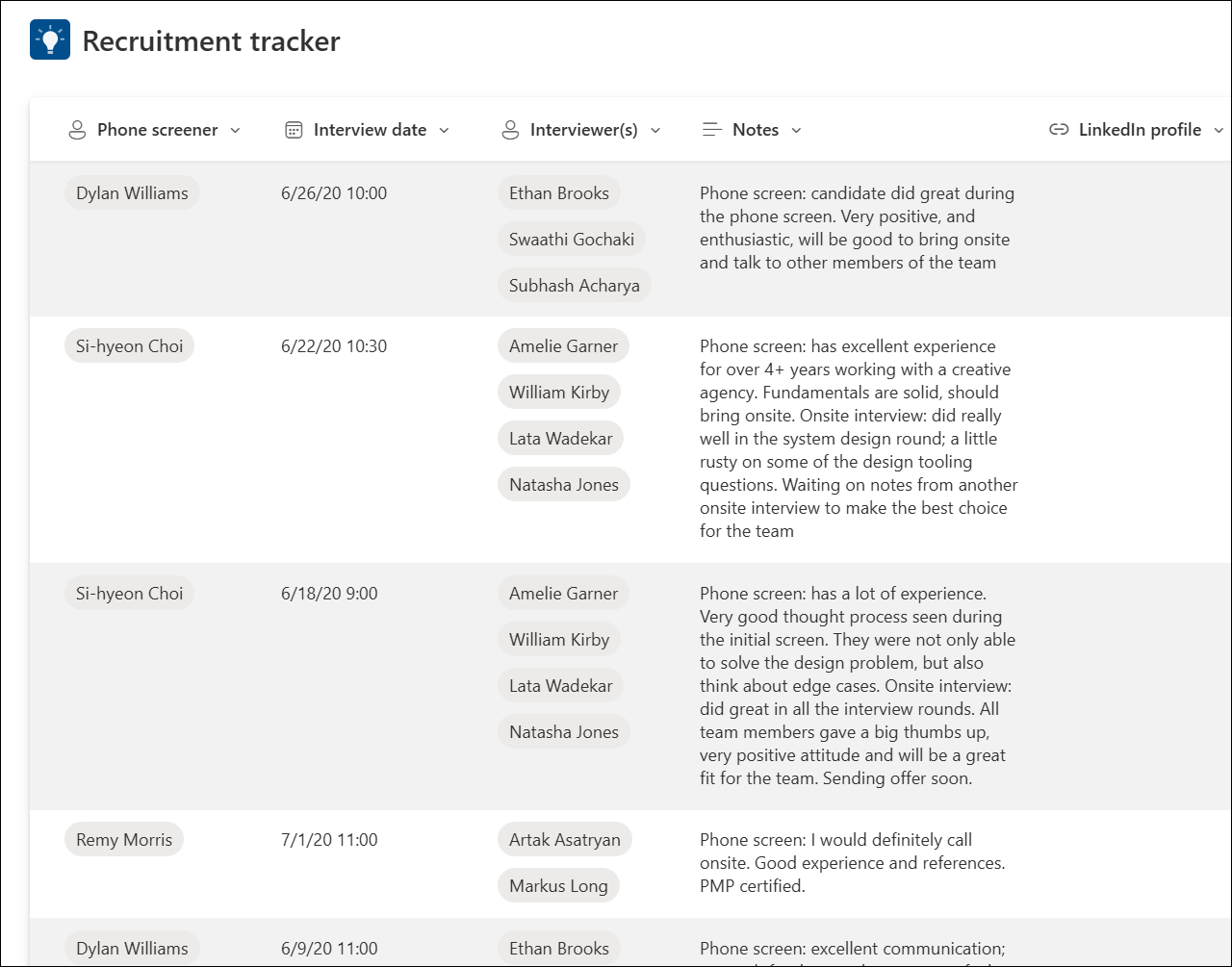 screenshot of List template recruitment tracker sample