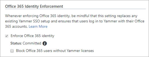 Screenshot of Block Office 365 users without Yammer licenses checkbox in Yammer Security Settings