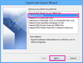 Outlook Export Wizard - Export to a file