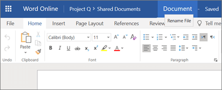 Clicking the title bar to change the name of a document Word Online