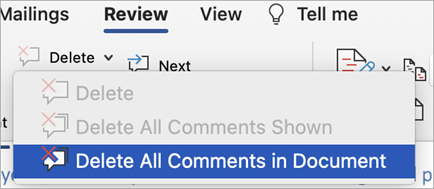 Comment menu for the "Delete" button is expanded and the "Delete All Comments in Document" option is selected.