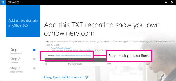 Click the link for step-by-step instructions to add a TXT record at your DNS host