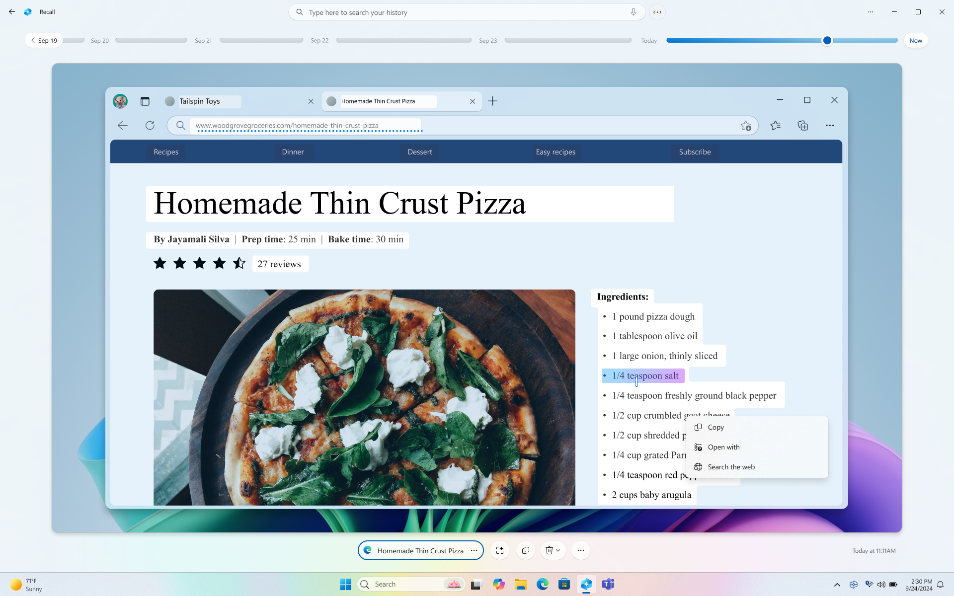 Screenshot of the Click to Do text actions in Recall with part of the text selected for a thin crust pizza recipe.