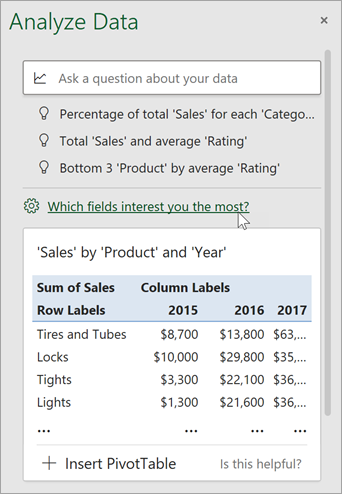 Analyze Data pane with the link to specify what fields to use.
