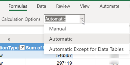 Calculation Mode menu in Excel for the web