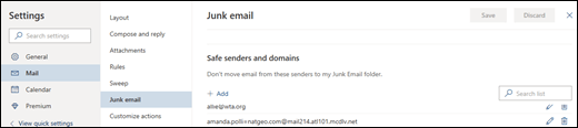 A screenshot shows the Safe senders area of the Junk Email settings in Mail in Settings for Outlook.com.
