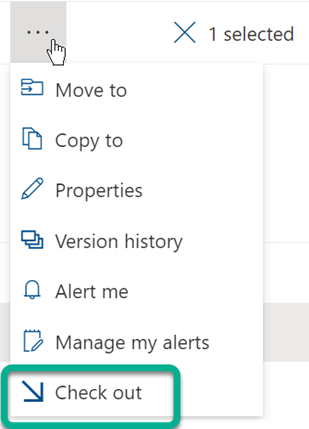 The Check Out option is on the three-dot menu located above the file list in the SharePoint Library.