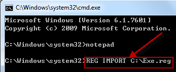 Return to the Command Prompt window, type REG IMPORT [filepath]Exe.reg, and then press ENTER.