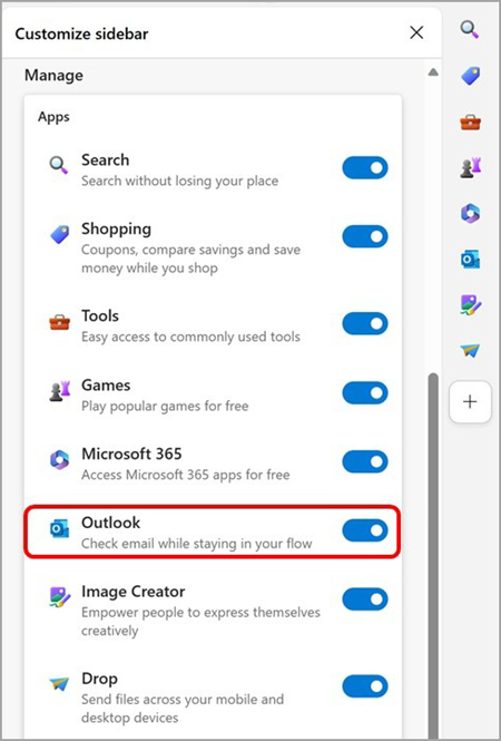 Stop emails from displaying side-by-side by turning off the Outlook toggle in the Microsoft Edge Sidebar menu.