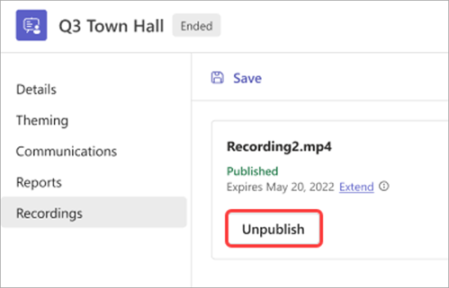 Screenshot showing how to unpublish a town hall recording