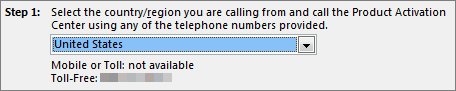 Shows how to select your country and view the phone number for the Product Activation Center