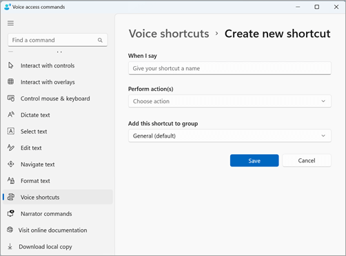Create new shortcut page with edit fields and a drop-down list for the Title of the shortcut, type of action or actions, and add a shortcut to a group.