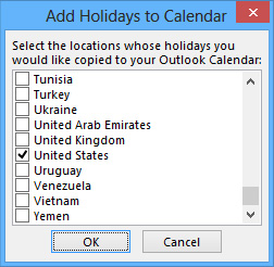 Country/region holiday selection dialog box