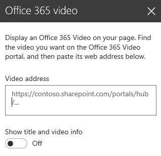 Screenshot of Office 365 video address dialog in SharePoint.