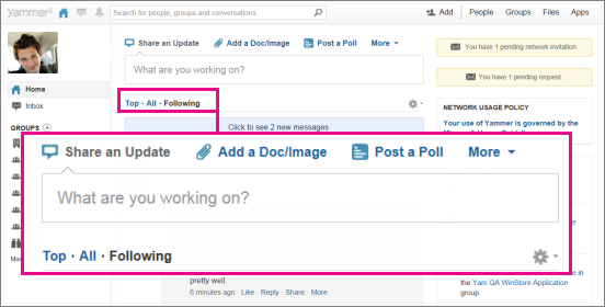 Screenshot of Yammer website with a pink box highlighting the Top, All, and Following view toggle