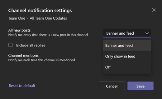 Channel notification settings in Teams