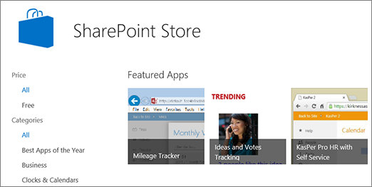 View of SharePoint Store app selection