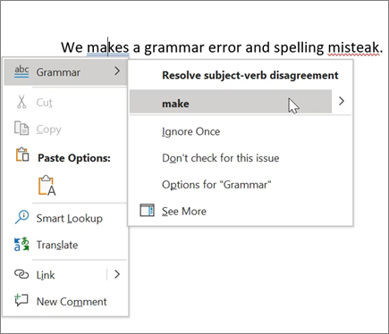 Office 365 Spelling & Grammar example