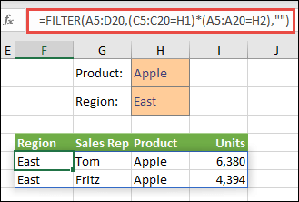 Using FILTER with the multiplication operator (*) to return all values in our array range (A5:D20) that have Apples AND are in the East region.