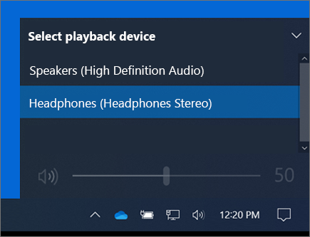 The playback device selection on the taskbar volume control. 