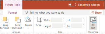 Alt Text button on the ribbon for an image in PowerPoint Online.