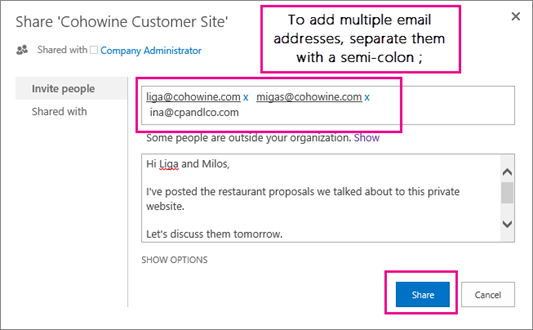 Type the email addresses of the customers who should get an invitation to access the subsite.