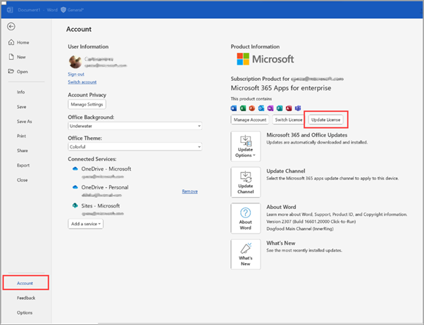 Microsoft 365 Account pain with Update License highlighted