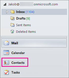 To see your contacts, choose "Contacts" at the bottom of the Outlook navigation menu.