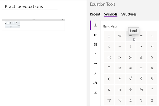 Select Symbols, then select a category to browse available math symbols.