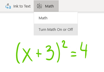 Math button option in OneNote for Windows 10
