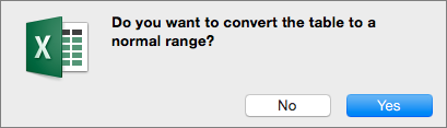 Confirmation message for converting a table to a normal range
