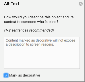 Decorative check box selected in the Alt Text pane