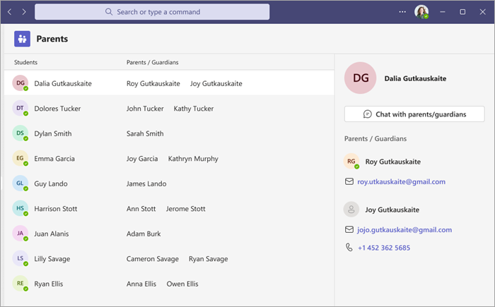 Screenshot of educator's view of parent/guardian contact information in Microsoft Teams for Education.