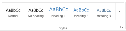 Screenshot of Styles group on the Home tab, showing styles such as Heading 1, Heading 2, and Heading 3.