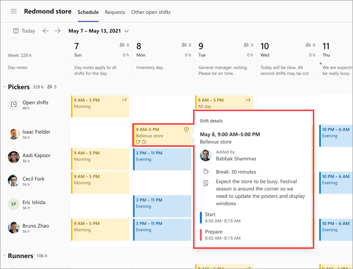 Screenshot of worker's team schedule showing shift at other location.