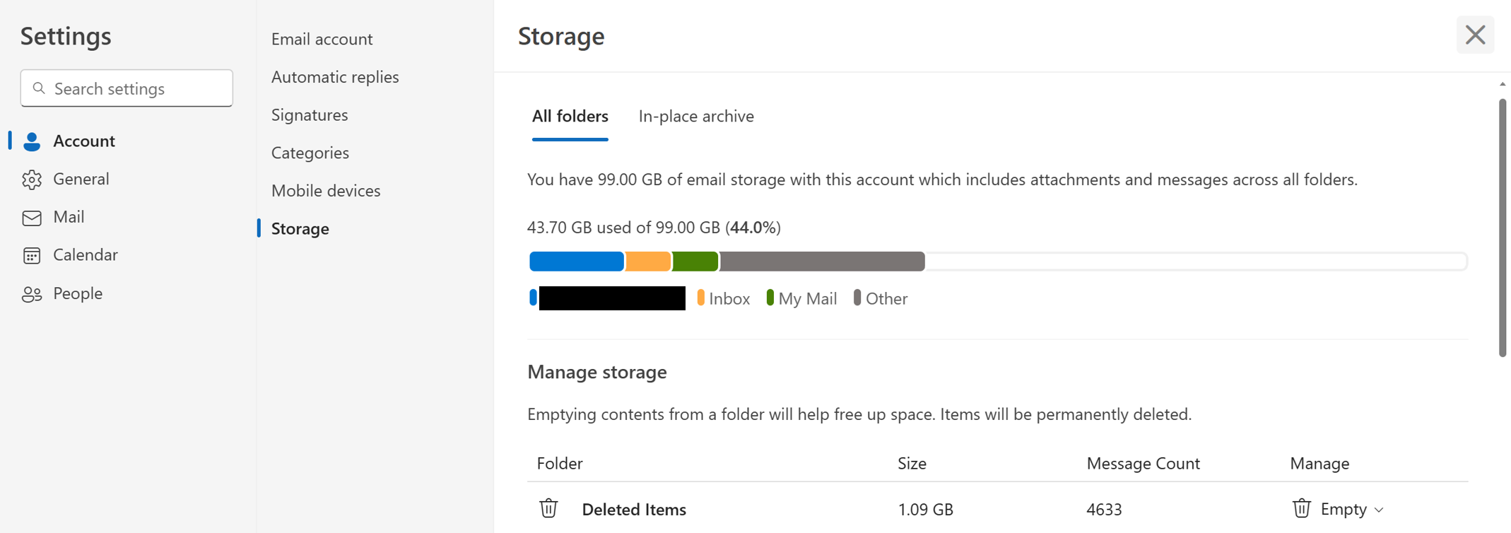 Manage storage of folders in Settings > Account > Storage