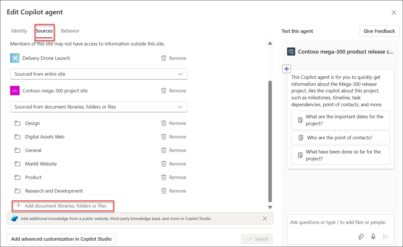The screenshot of adding knowledge resources to copilot agent