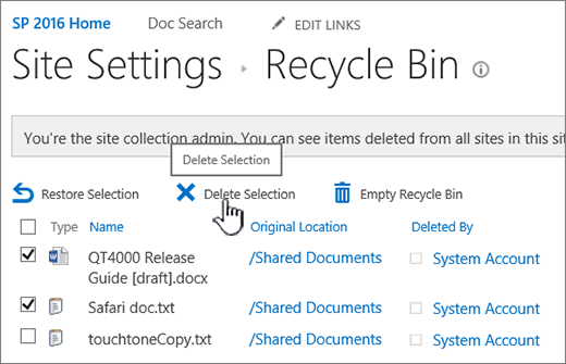 SharePoint 2016 Recycle page Delete button highlighted