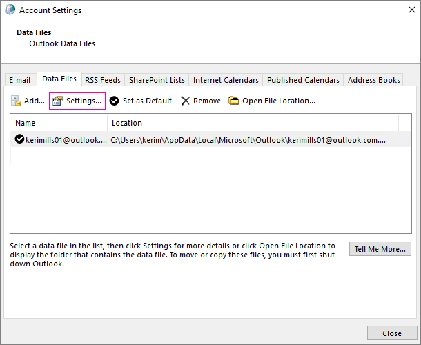 In Account Settings, for an Exchange Account change data file settings