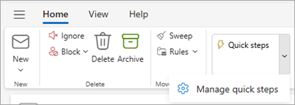 Screenshot of Outlook ribbon showing Manage quick steps setting