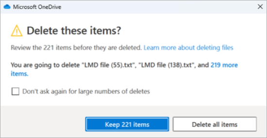 Screenshot of the OneDrive confirmation prompt for deleting many files