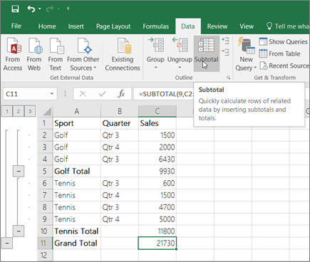 Click Subtotal in the Data tab to add a subtotal row in your Excel Data