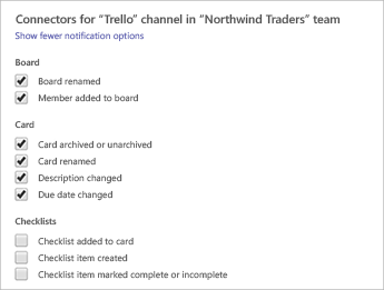 Microsoft Teams Connectors options for Trello